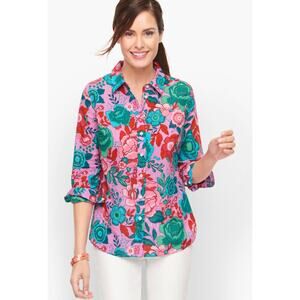 Talbots Womens 1X Plus Purple Multi Floral Sketched Bloom Button Front Shirt Top
